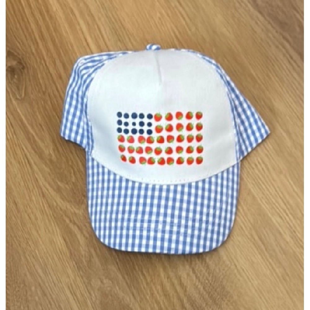 C&C California Kids Blue Gingham Strawberry Flag Cap Girls 4-6